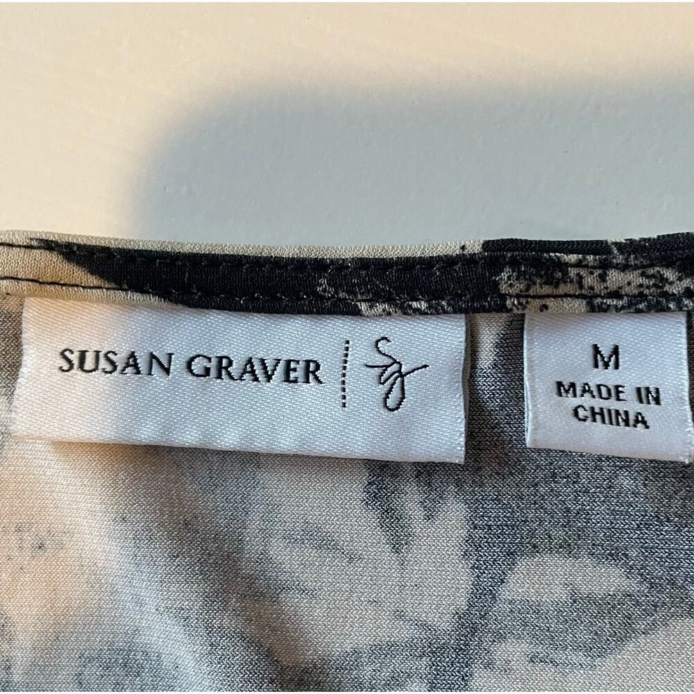 Susan Graver Tunic Top Black Tan Sz M Long Sleeves Beaded Split Neck Lagenlook - Picture 4 of 11